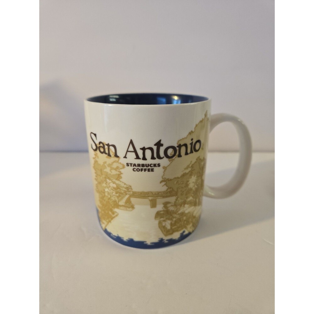 Starbucks San Antonio Coffee Mug 2009 Original White Blue Beige Blue Interior